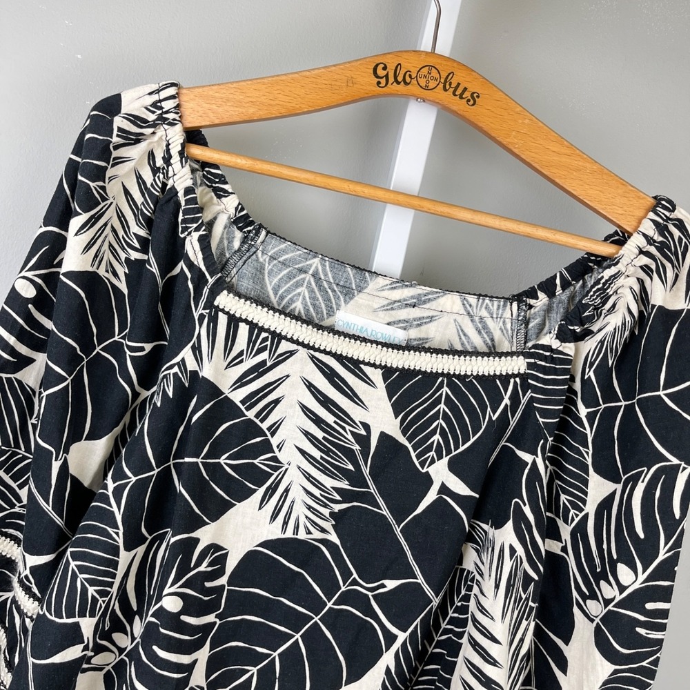 Cynthia Rowley Cropped Top Womens M Ivory Black Tropical Leaf Print‎ Linen Blend